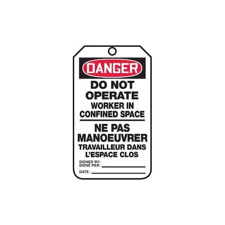 Accuform French Bilingual Safety Tags, DANGER DO NOT OPERATE WORKER IN CONFINED SPACE, 5.75in x 3.25in, 25PK TCF195CTP